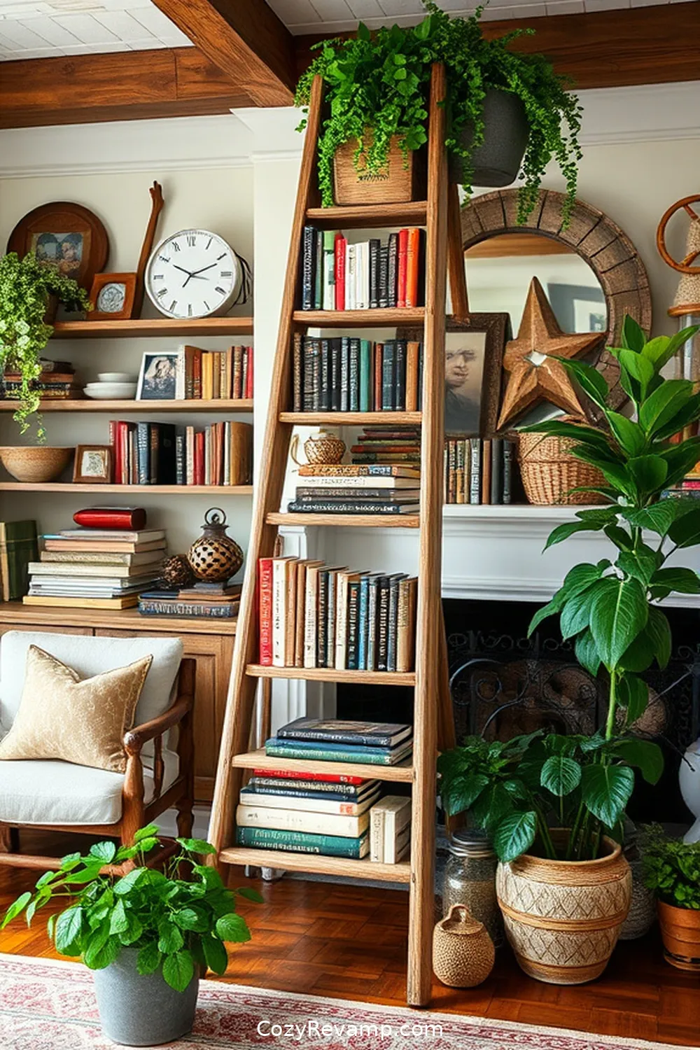 25 Stunning Modern Farmhouse Library Ideas Using Recycled Wood Materials 19 Vintage Ladder Used as Bookshelf Stand for 25 Stunning Modern Farmhouse Library Ideas Using Recycled Wood Materials