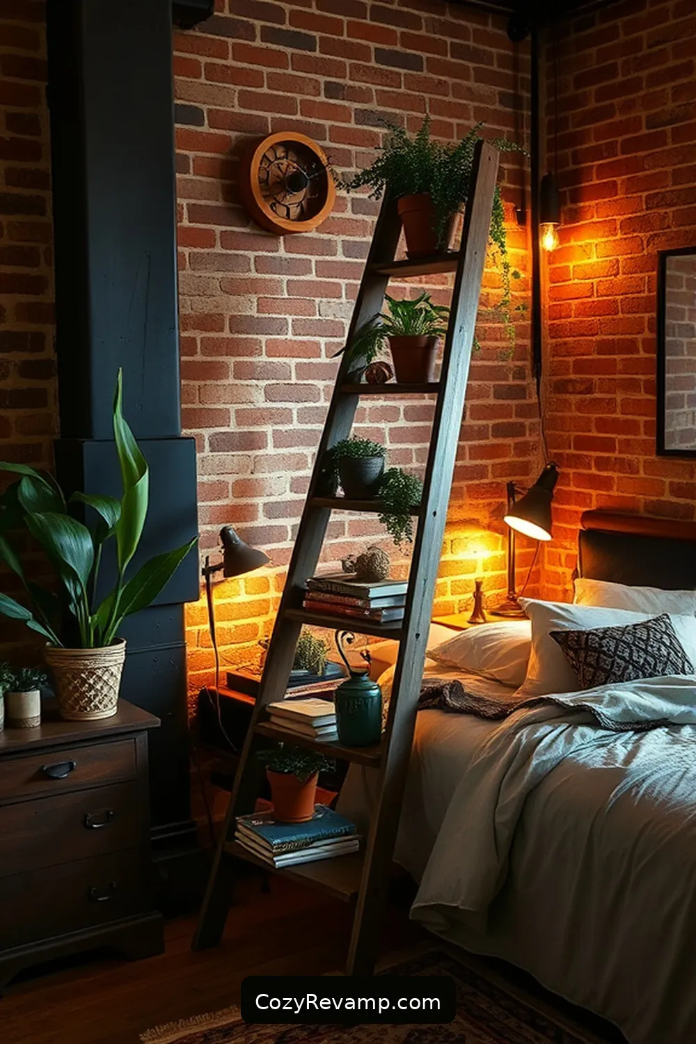 25 Ways to Create an Industrial Bedroom Using Reclaimed Materials 12 Antique Ladder as Decor for 25 Ways to Create an Industrial Bedroom Using Reclaimed Materials