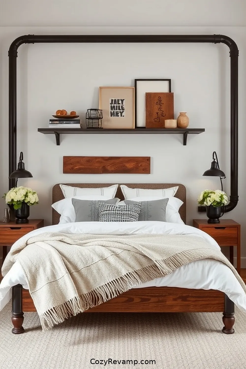 25 Ways to Create an Industrial Bedroom Using Reclaimed Materials 7 Metal Pipe Shelving for 25 Ways to Create an Industrial Bedroom Using Reclaimed Materials