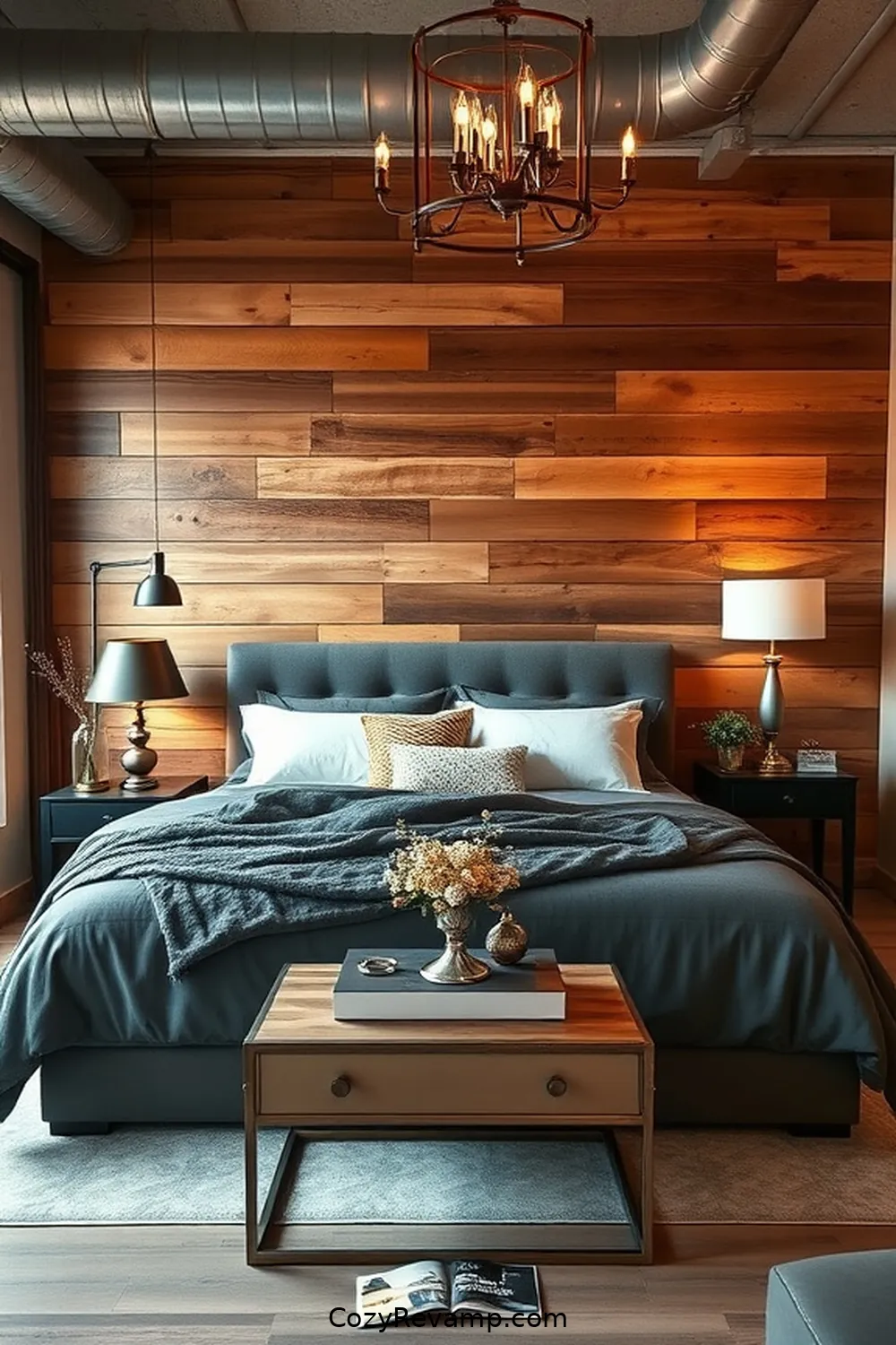 25 Ways to Create an Industrial Bedroom Using Reclaimed Materials 8 Reclaimed Wood Accent Wall for 25 Ways to Create an Industrial Bedroom Using Reclaimed Materials