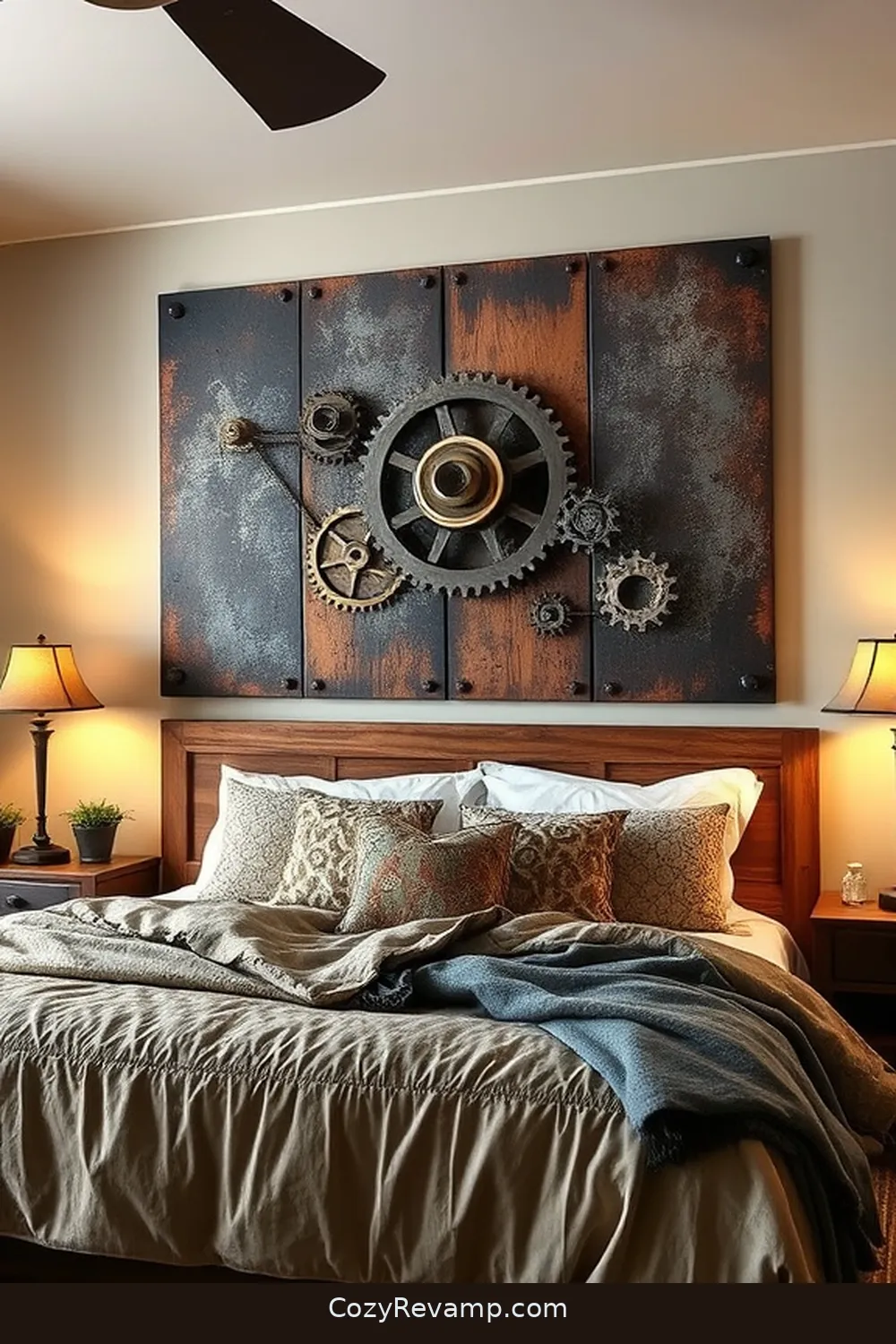 25 Ways to Create an Industrial Bedroom Using Reclaimed Materials 21 Salvaged Metal Wall Art for 25 Ways to Create an Industrial Bedroom Using Reclaimed Materials