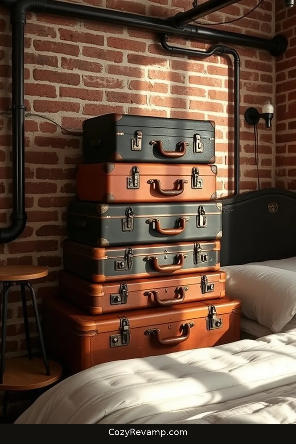 25 Ways to Create an Industrial Bedroom Using Reclaimed Materials 9 Vintage Suitcase Storage for 25 Ways to Create an Industrial Bedroom Using Reclaimed Materials