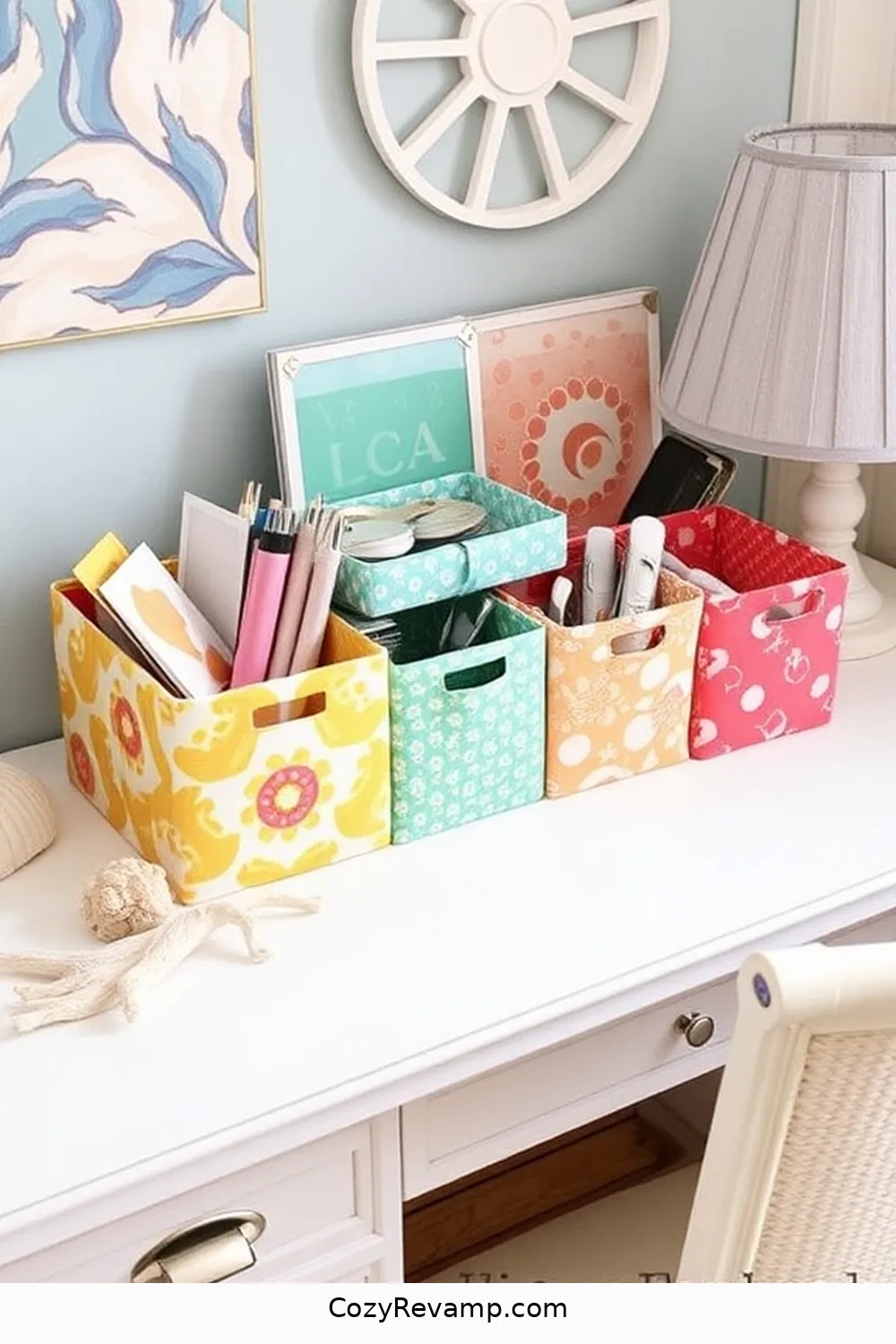 Repurposing Fabrics for Desk Organization for Create a Coastal Home Office With Upcycled Fabric Materials
