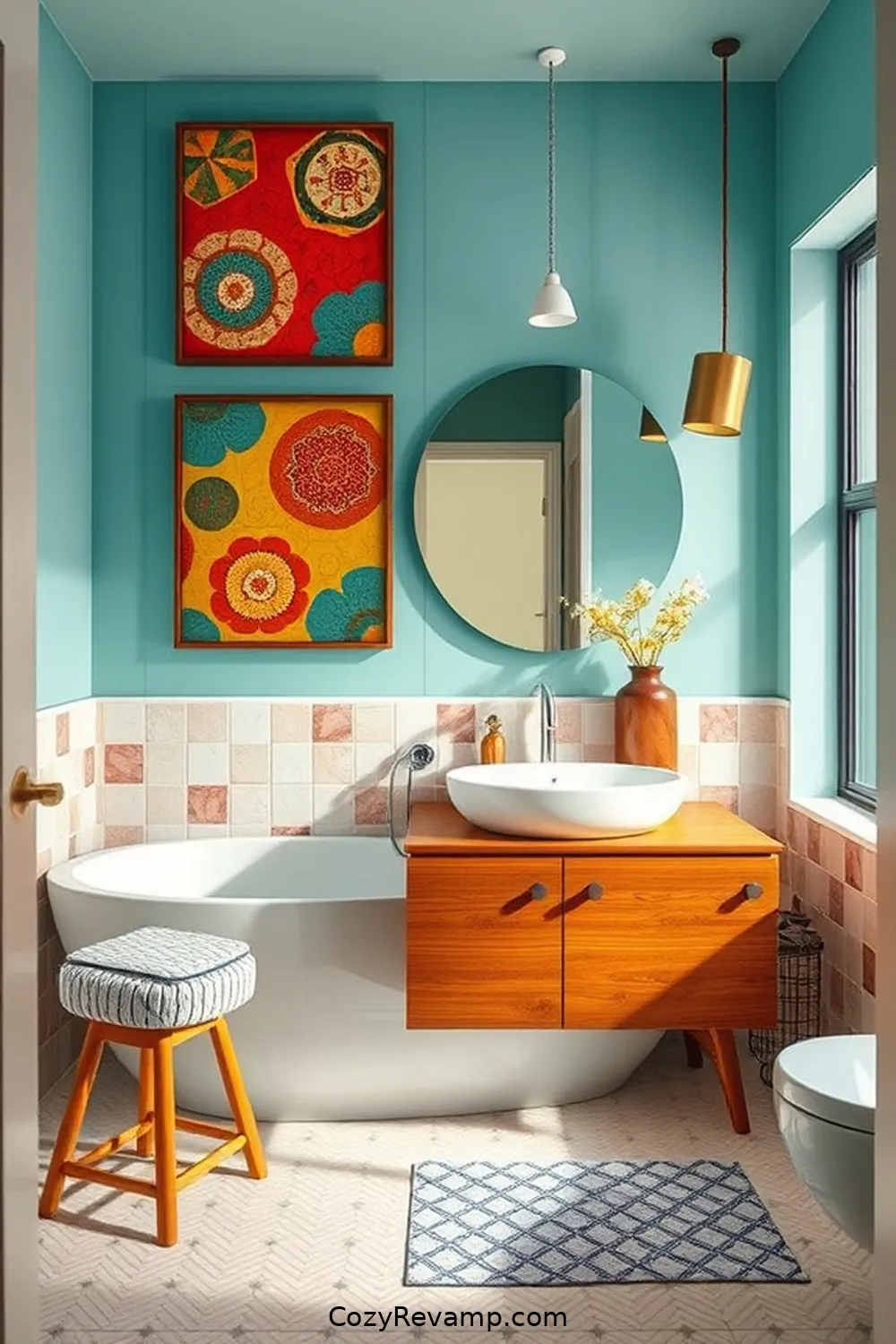 Crafting Unique Wall Art From Vintage Upholstery for Create a Mid-Century Modern Bathroom With Upcycled Fabric