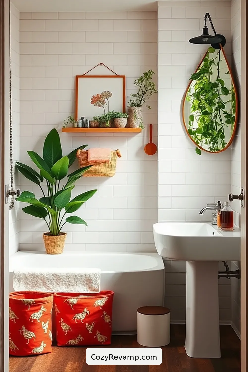 Making a Statement With Fabric-Covered Storage Bins for Create a Mid-Century Modern Bathroom With Upcycled Fabric