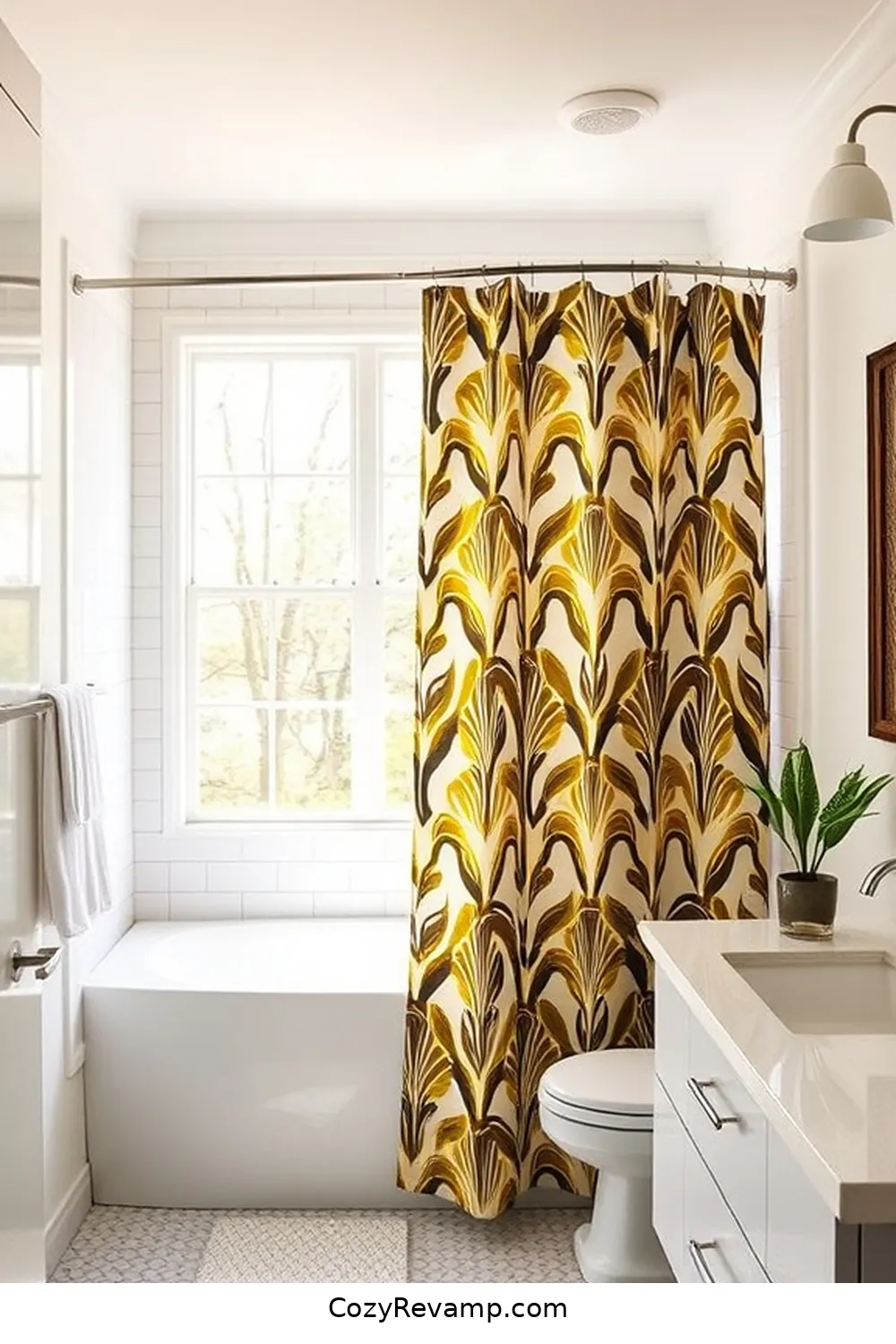 Transforming Shower Curtains Into Window Treatments for Create a Mid-Century Modern Bathroom With Upcycled Fabric