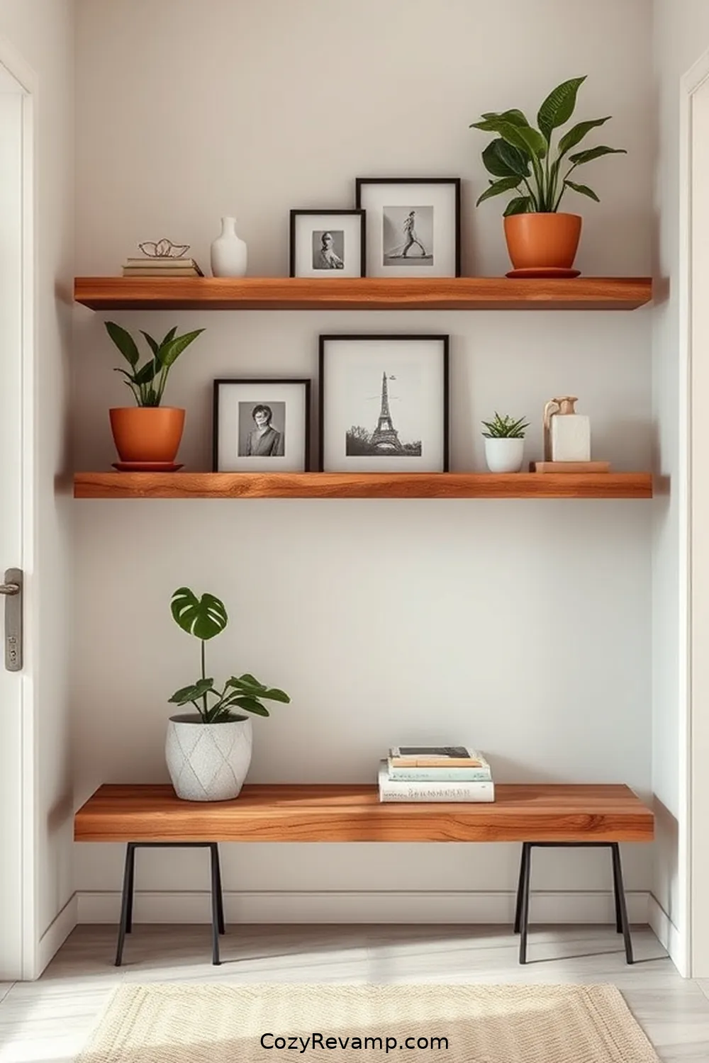 Incorporating Floating Shelves for Storage for Create a Minimalist Entryway With Recycled Wood Material