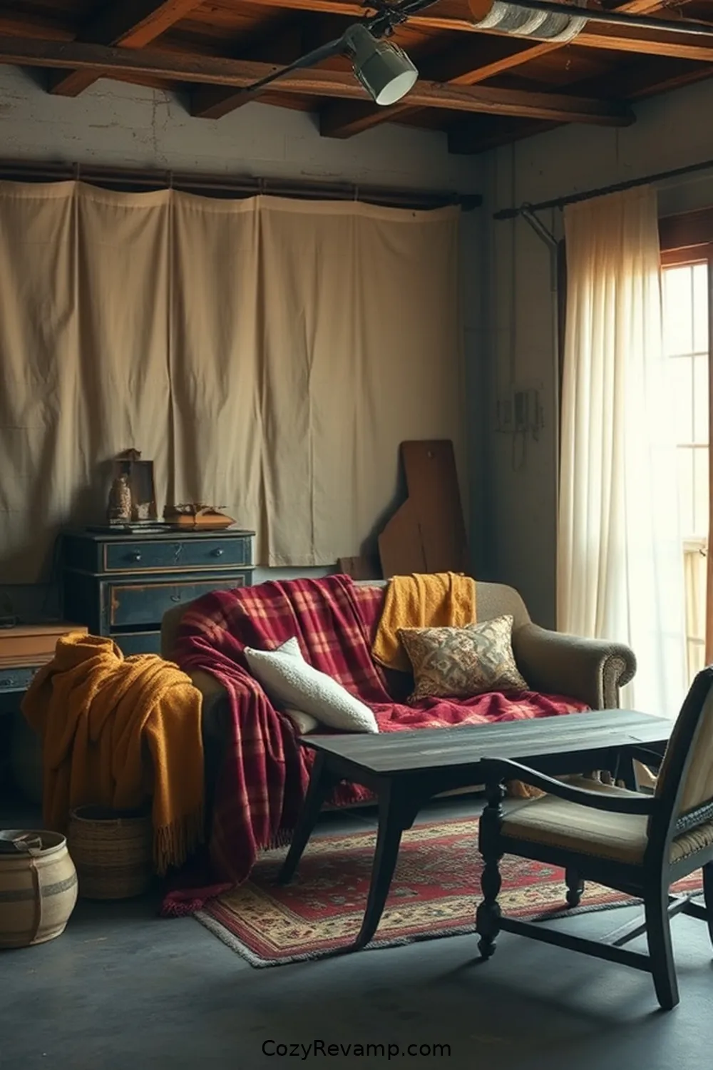 Adding Textiles to Enhance Lighting and Ambiance for Create a Rustic Garage With Upcycled Fabric Material