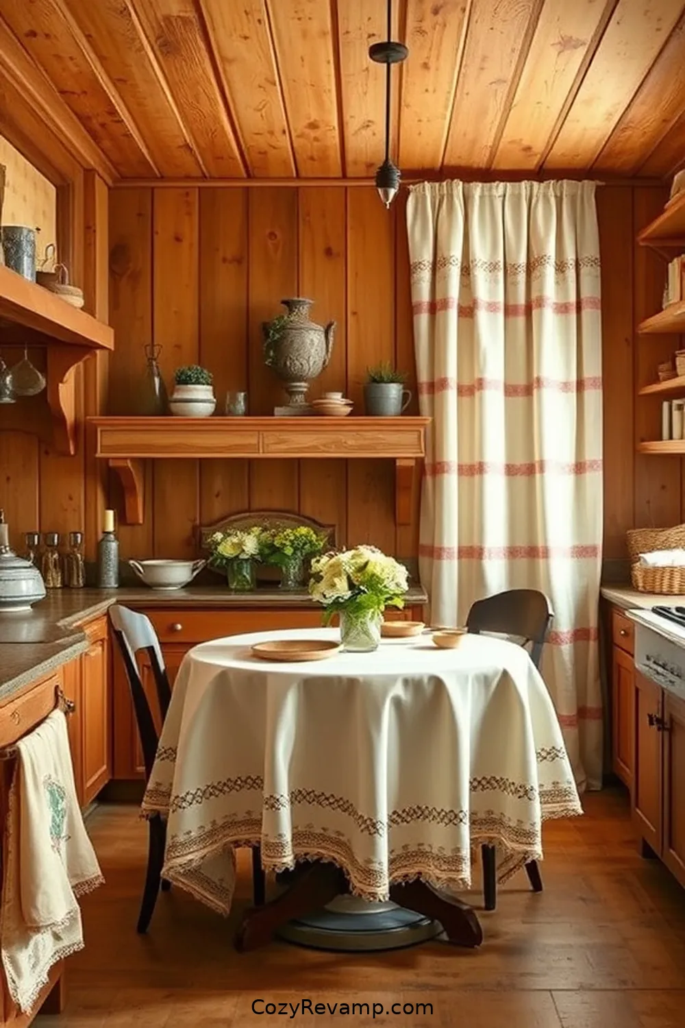 Create a Rustic Kitchen With Upcycled Fabric Materials 4 Transforming Vintage Tablecloths Into Curtains for Create a Rustic Kitchen With Upcycled Fabric Materials