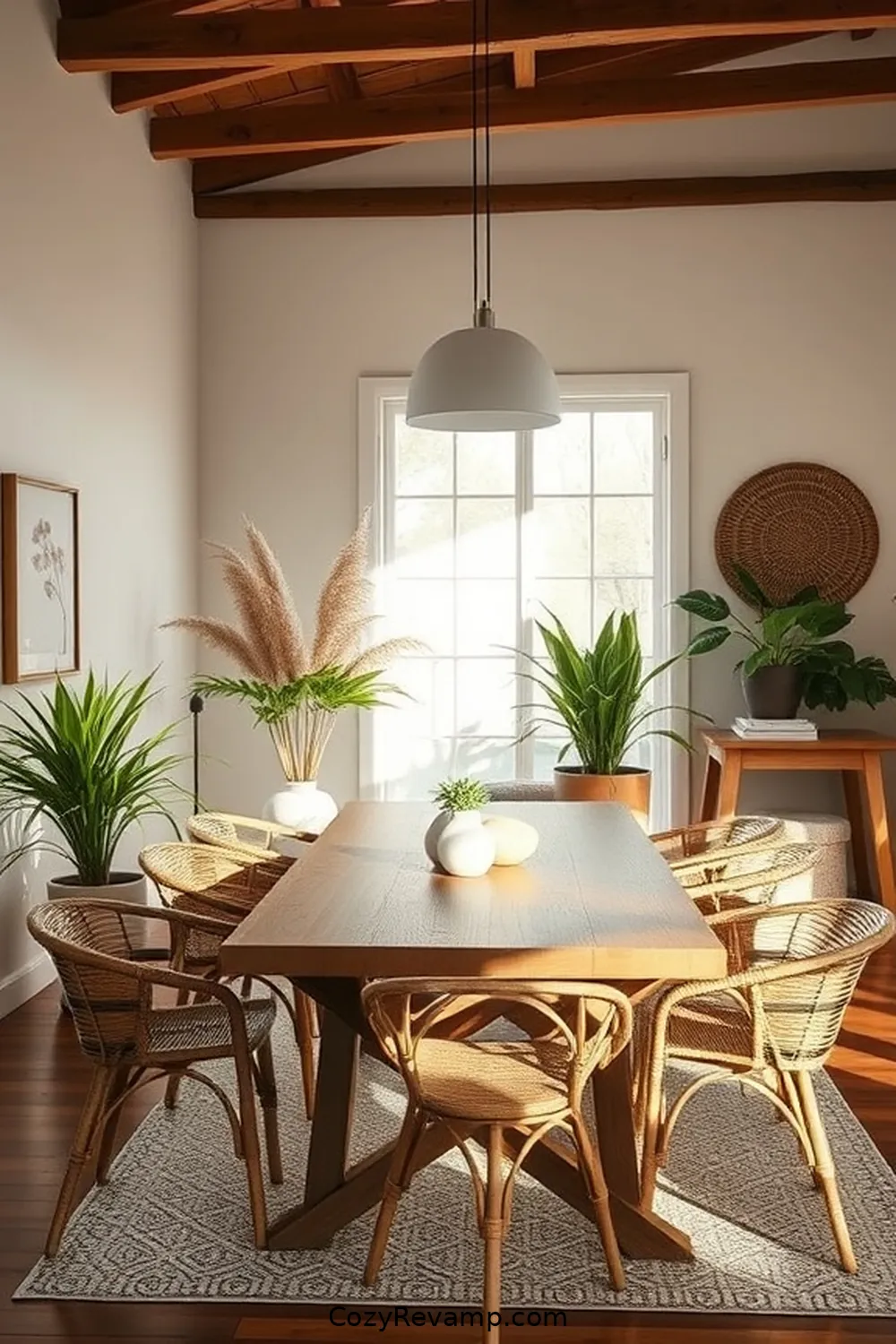 Adding Greenery for a Touch of Nature for Creating a Minimalist Dining Room With Natural Fiber Materials