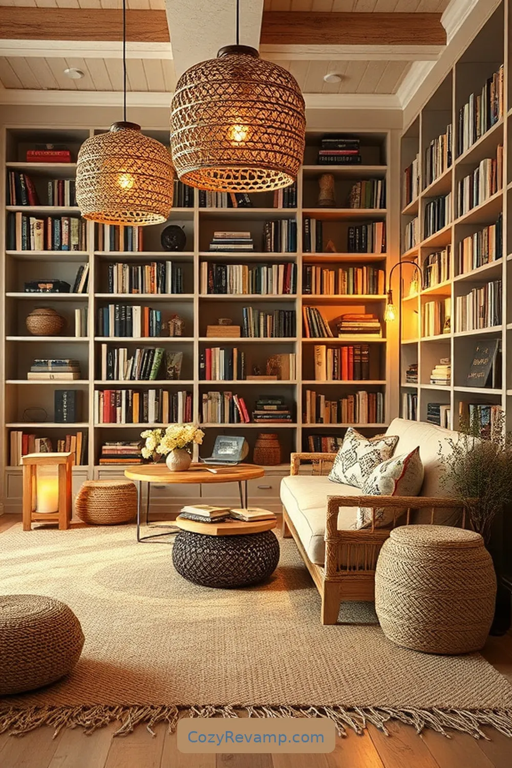 Adding Cozy Lighting Solutions for Creating a Modern Farmhouse Library With Natural Fiber Materials