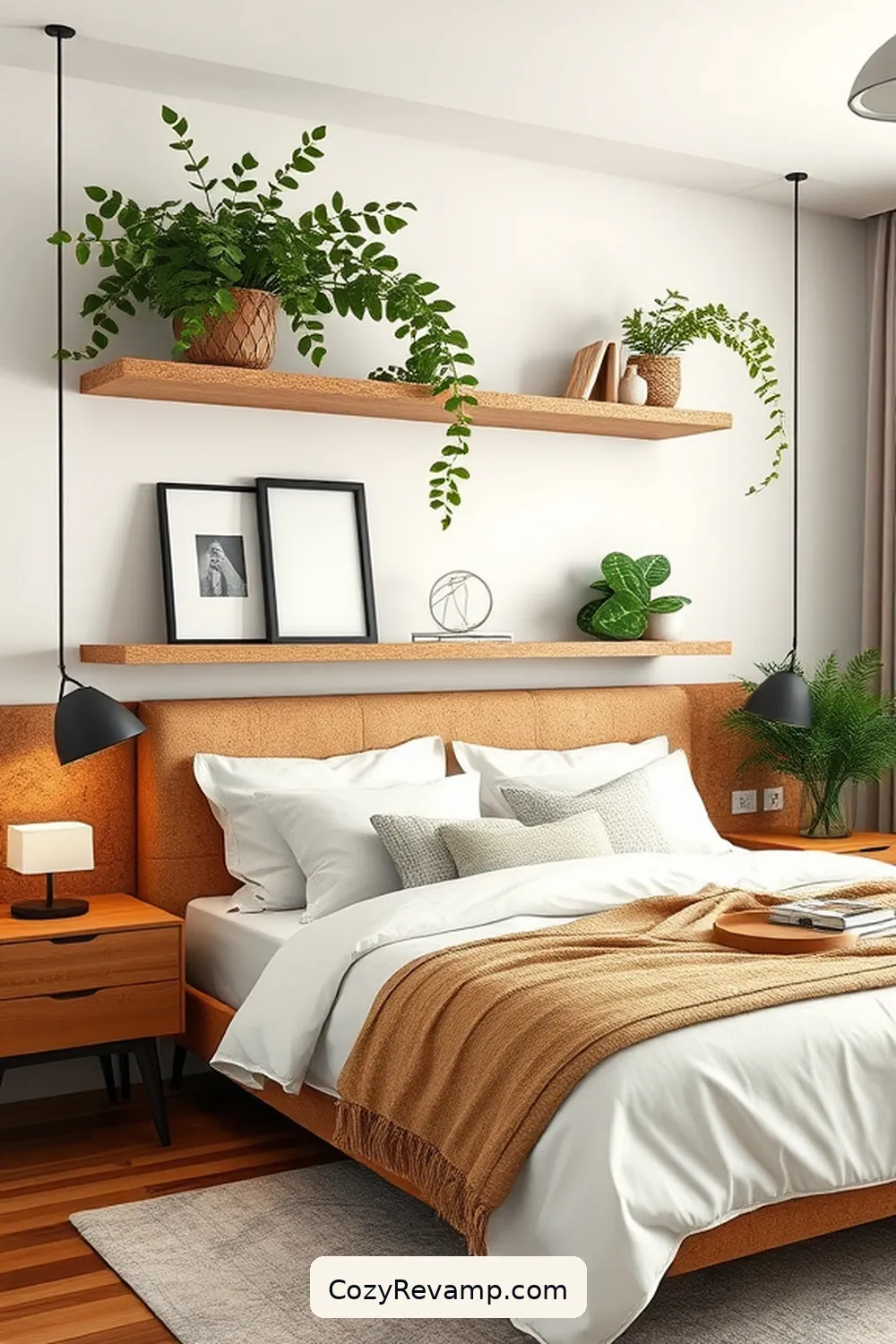 Cork Floating Shelves for Enhance Your Mid-Century Modern Bedroom With Cork Material: 23 Ways