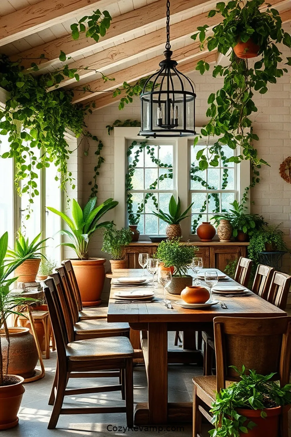 Adding Greenery and Plants for How to Create a Bohemian Dining Room With Recycled Wood Materials