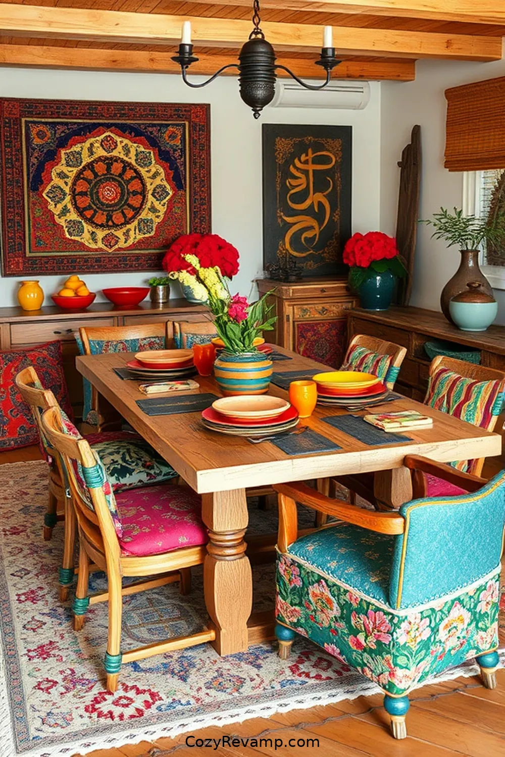 Mixing Patterns and Prints for How to Create a Bohemian Dining Room With Recycled Wood Materials