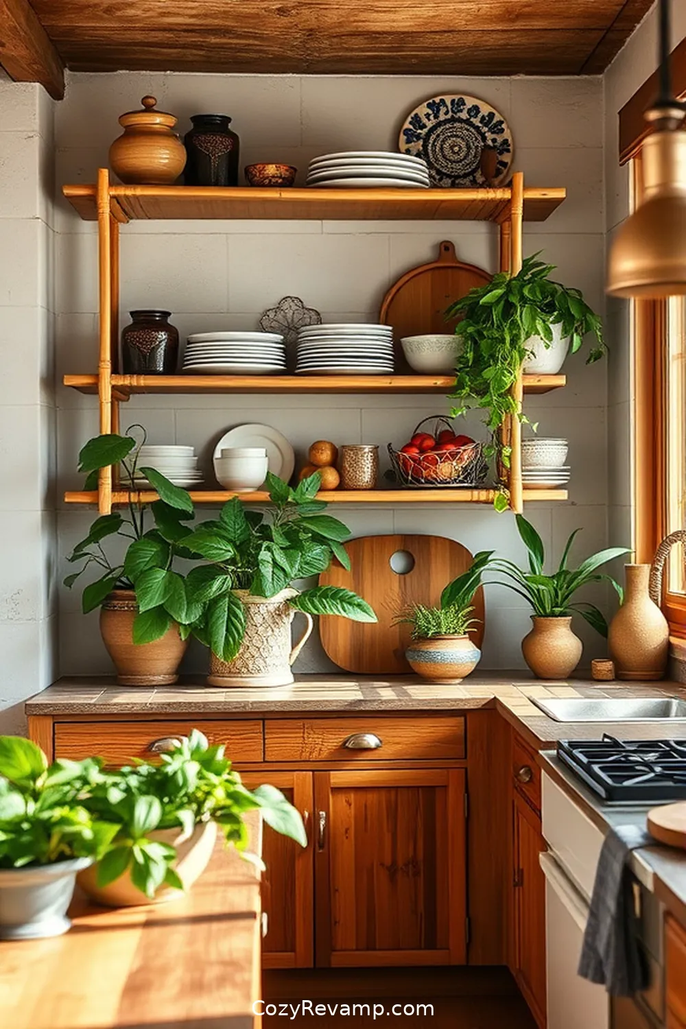 Bamboo Shelving for Open Storage for How to Create a Rustic Kitchen With Bamboo Material