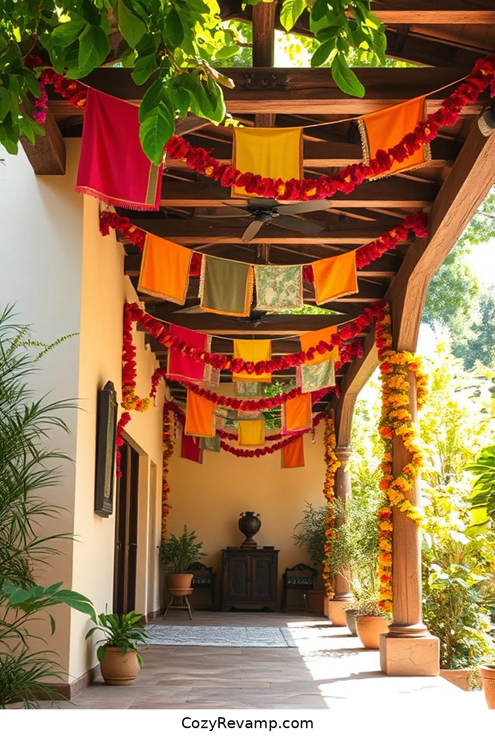 Adding Color With Fabric Banners and Garlands for How to Create a Rustic Outdoor Patio With Upcycled Fabric Material