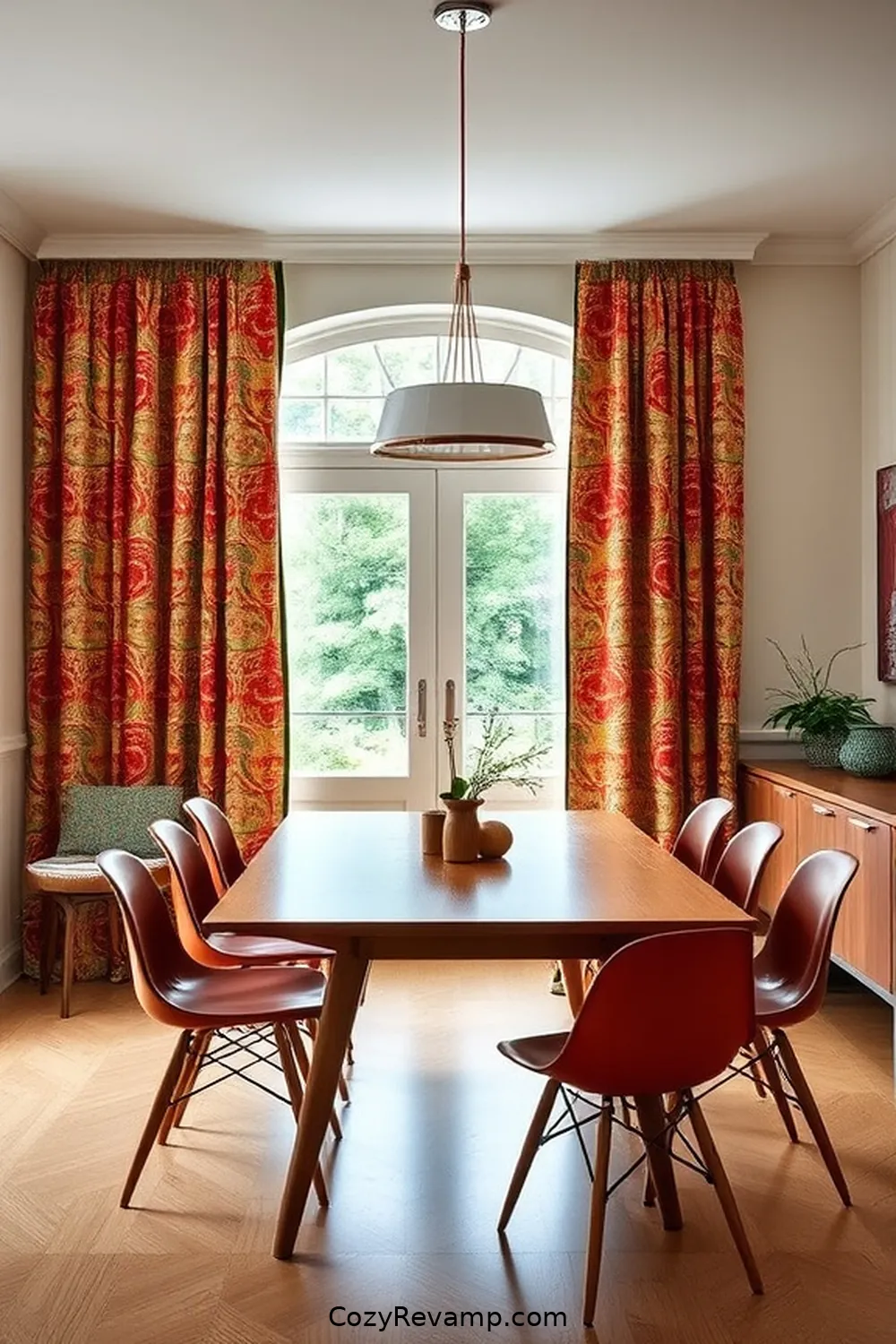 How to Style a Mid-Century Modern Dining Room With Upcycled Fabrics 8 Adding Upcycled Fabric Drapes for a Pop of Color for How to Style a Mid-Century Modern Dining Room With Upcycled Fabrics